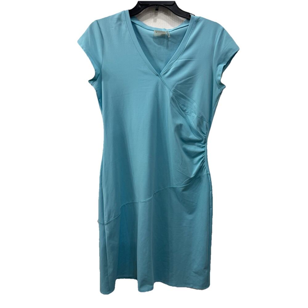 Athleta Nectar Ruched Dress Women’s Small Blue Faux Wrap Athleisure Travel